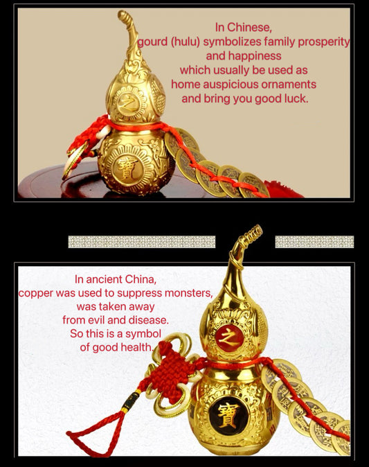 Chinese Good Luck Wu Lou, Feng Shui Brass Gourd Cucurbit with 5 Coins Chinese Hu Lu Gourd for Office Bedroom Car Hanging Ornament